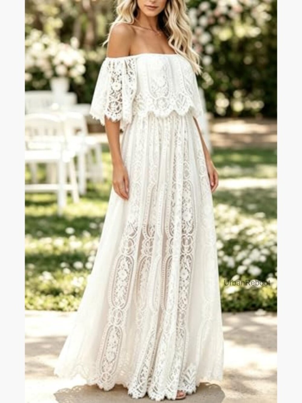 Off Shoulder Floral Lace Maxi Dress for Wedding Maternity Photoshoot Long - Picture 2 of 7